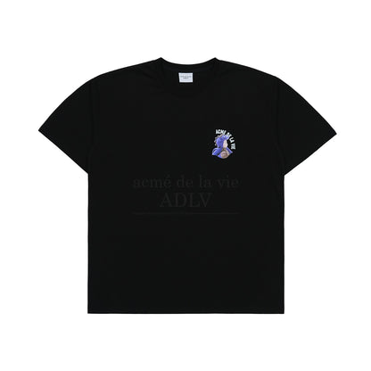 [acmé de la vie] Mini Baby Face Purple Dinosaur Short Sleeve T-Shirt Black